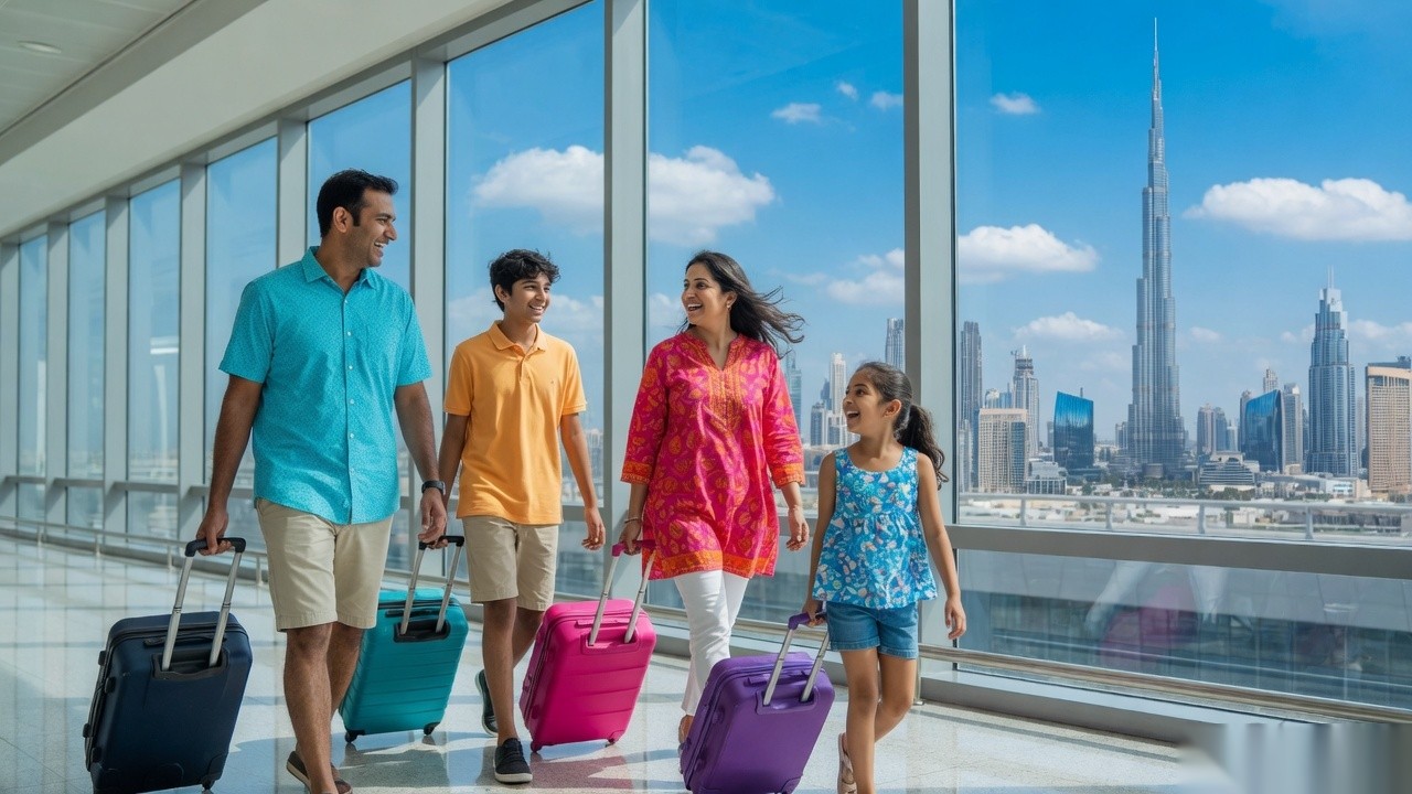 Indian family arriving in Dubai with luggage, Burj Khalifa in the background
