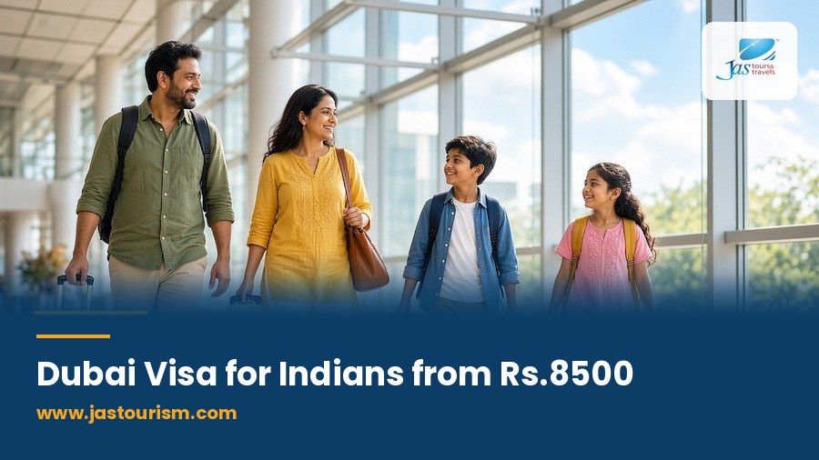 Dubai visa for Indians from Rs.8500, Indian family at the airport with JAS Tours and Travels